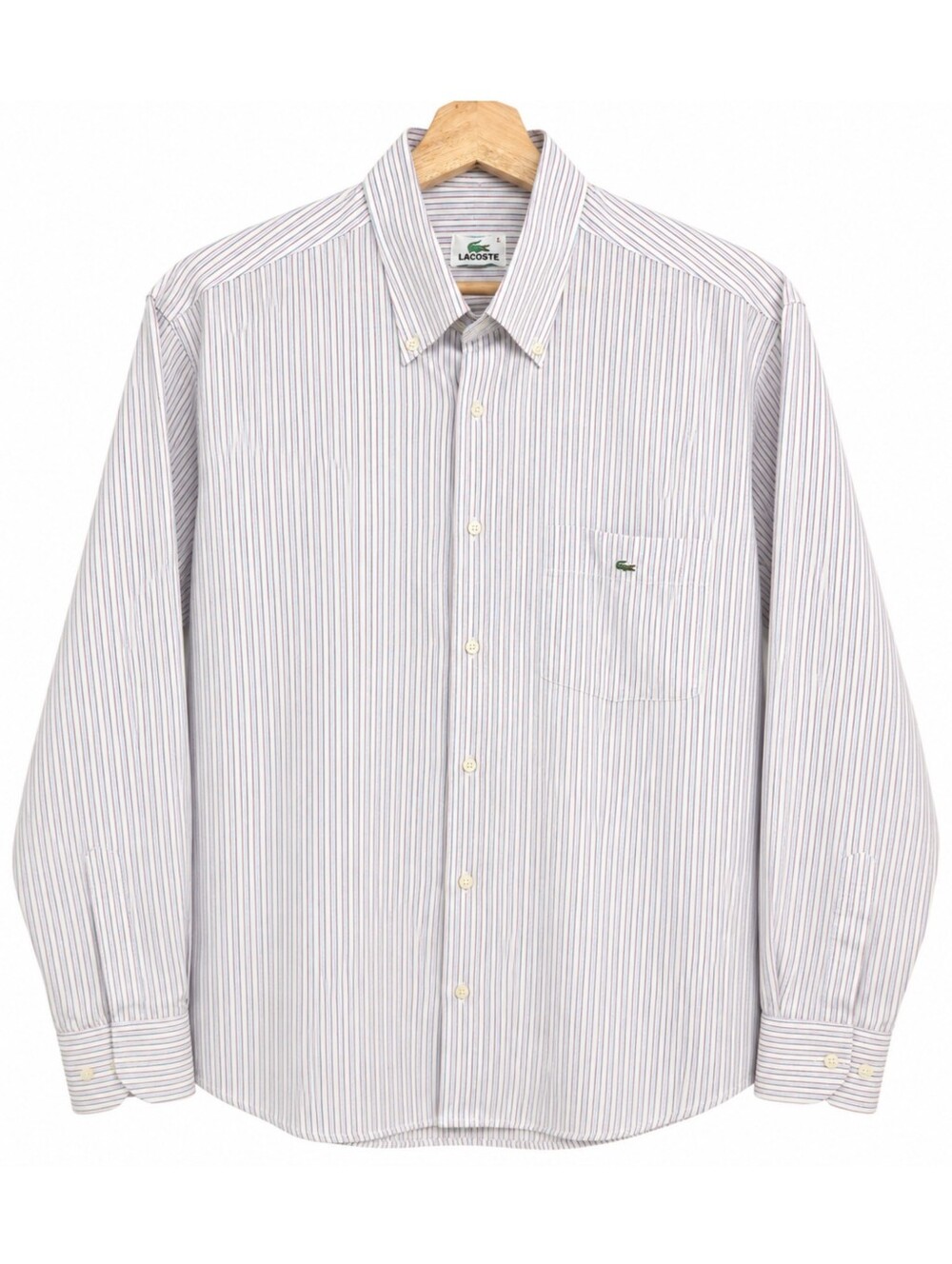 Vintage Lacoste Striped Button Down Shirt Large Cotton Embroidered Logo Pocket